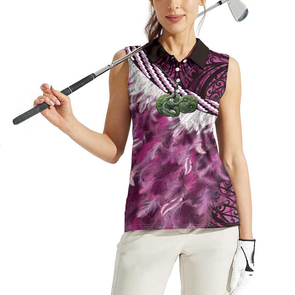 Pink Traditional Cloak Aotearoa Women Sleeveless Polo Shirt Maori Paua Shell Korowai Pattern