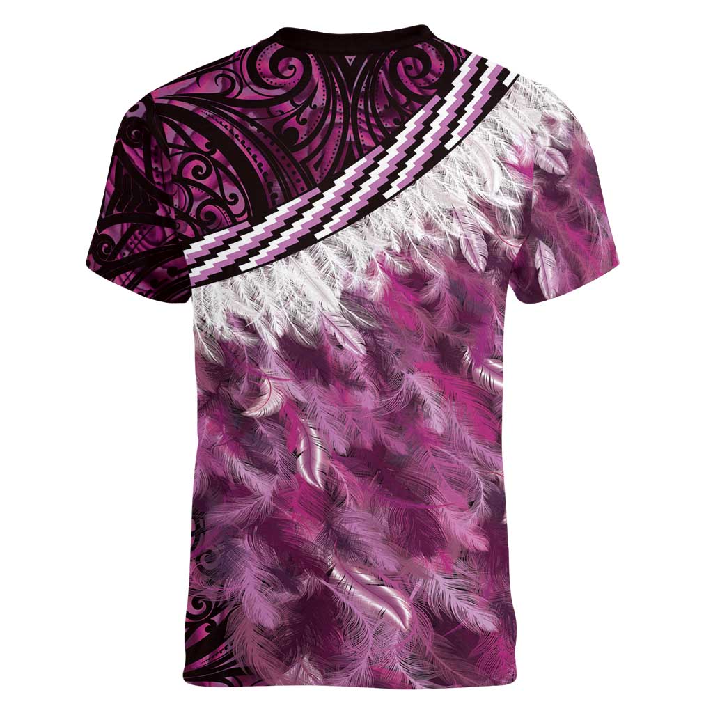Pink Traditional Cloak Aotearoa Women V-Neck T-Shirt Maori Paua Shell Korowai Pattern LT14 - Polynesian Pride