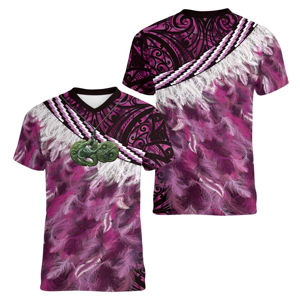 Pink Traditional Cloak Aotearoa Women V-Neck T-Shirt Maori Paua Shell Korowai Pattern LT14 - Polynesian Pride