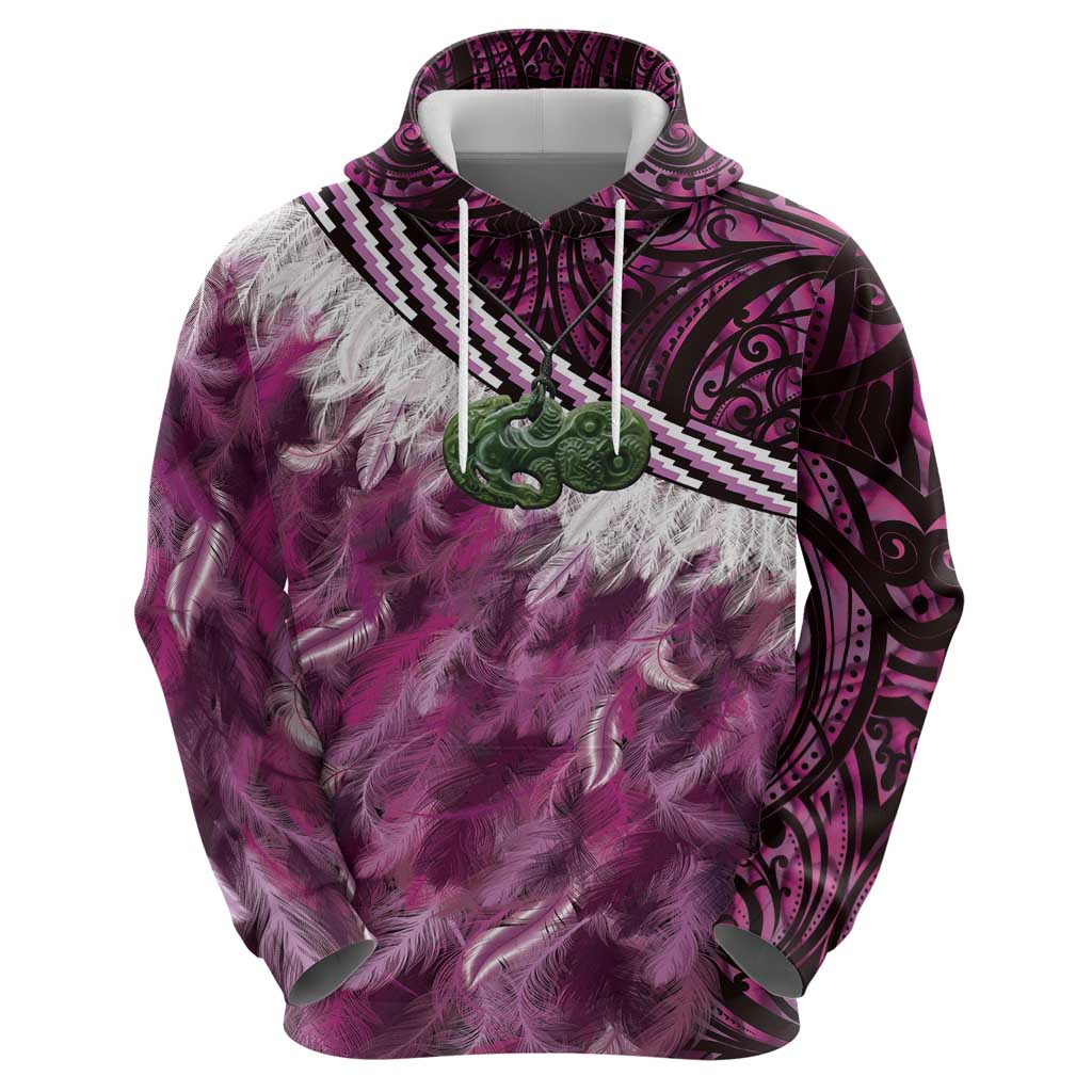 Pink Traditional Cloak Aotearoa Zip Hoodie Maori Paua Shell Korowai Pattern