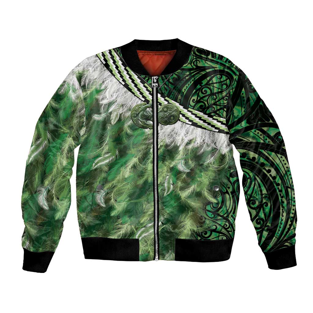 Green Traditional Cloak Aotearoa Bomber Jacket Maori Paua Shell Korowai Pattern
