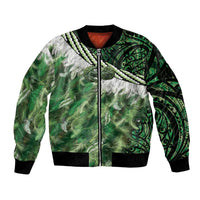Green Traditional Cloak Aotearoa Bomber Jacket Maori Paua Shell Korowai Pattern