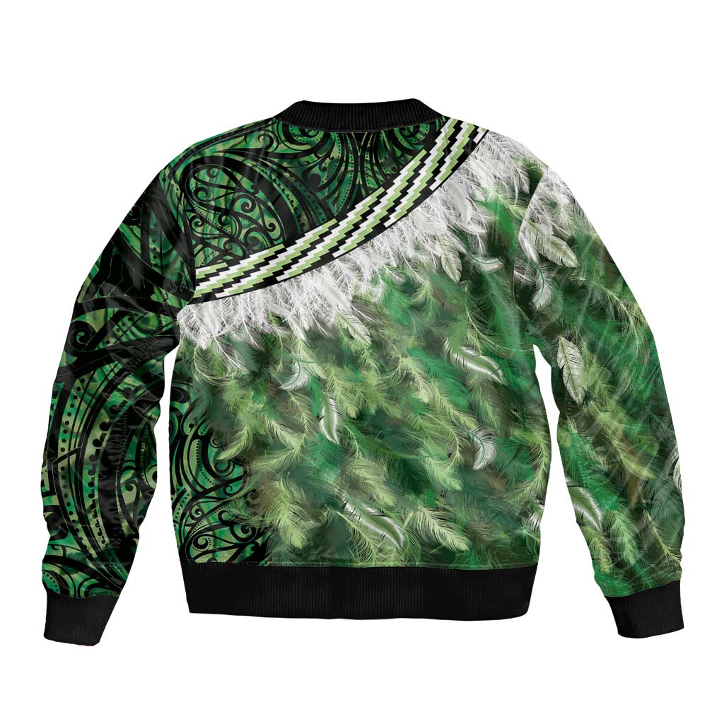 Green Traditional Cloak Aotearoa Bomber Jacket Maori Paua Shell Korowai Pattern