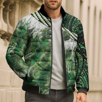 Green Traditional Cloak Aotearoa Bomber Puffer Jacket Maori Paua Shell Korowai Pattern - Polynesian Pride