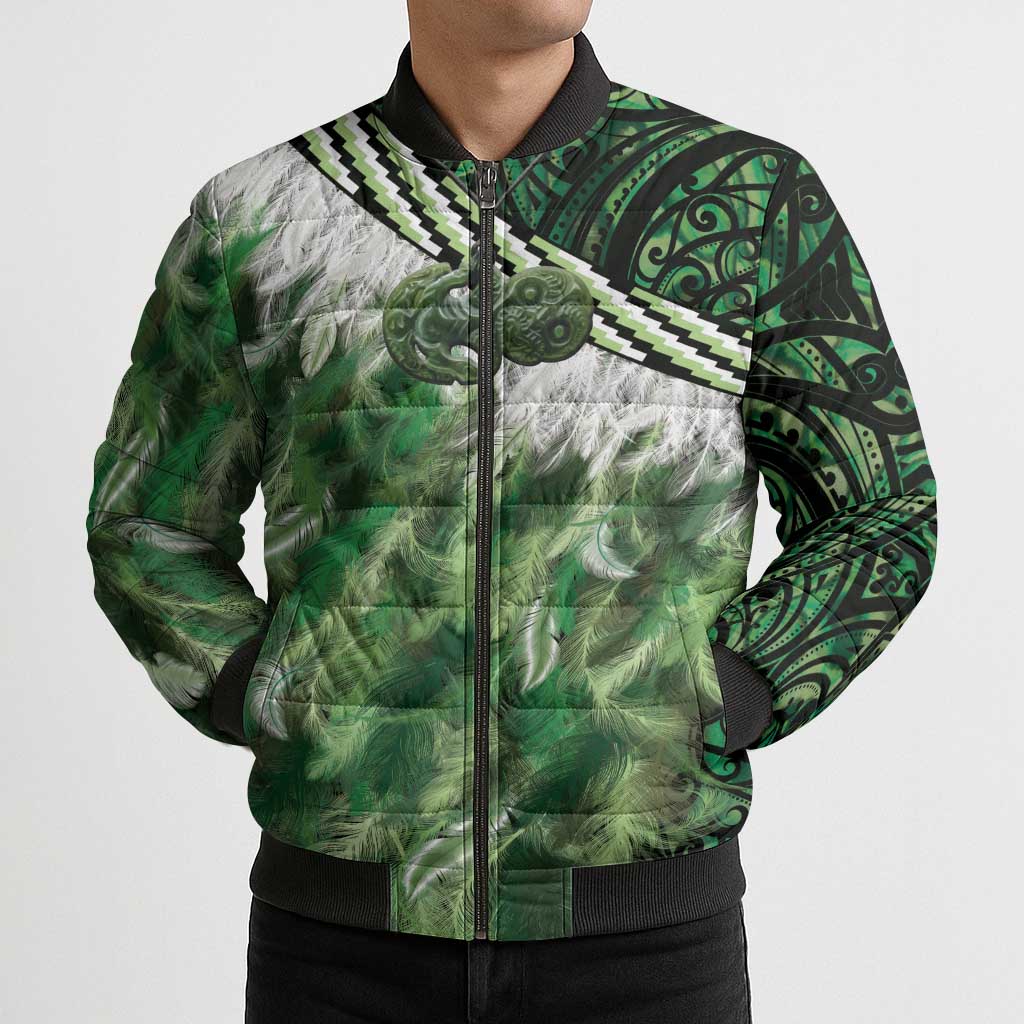 Green Traditional Cloak Aotearoa Bomber Puffer Jacket Maori Paua Shell Korowai Pattern - Polynesian Pride