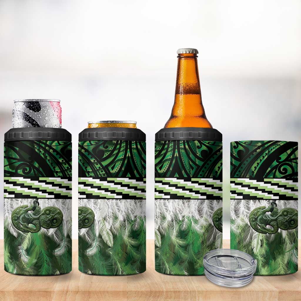Green Traditional Cloak Aotearoa 4 in 1 Can Cooler Tumbler Maori Paua Shell Korowai Pattern