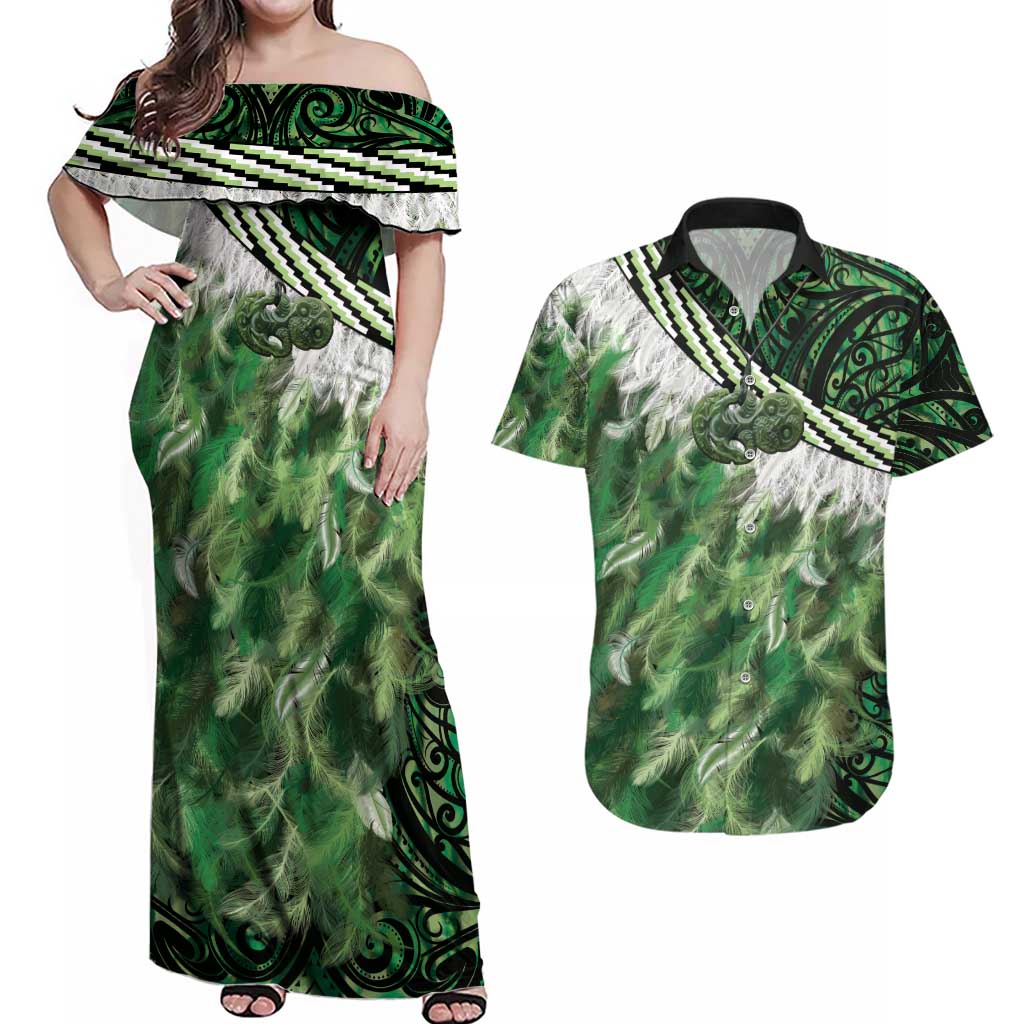 Green Traditional Cloak Aotearoa Couples Matching Off Shoulder Maxi Dress and Hawaiian Shirt Maori Paua Shell Korowai Pattern
