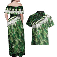 Green Traditional Cloak Aotearoa Couples Matching Off Shoulder Maxi Dress and Hawaiian Shirt Maori Paua Shell Korowai Pattern