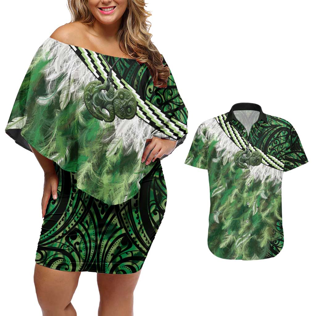 Green Traditional Cloak Aotearoa Couples Matching Off Shoulder Short Dress and Hawaiian Shirt Maori Paua Shell Korowai Pattern