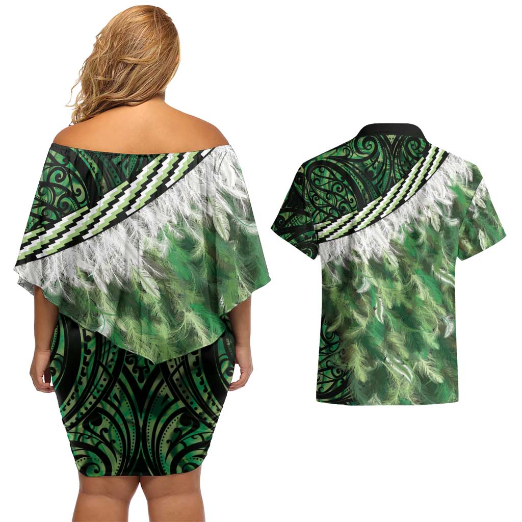 Green Traditional Cloak Aotearoa Couples Matching Off Shoulder Short Dress and Hawaiian Shirt Maori Paua Shell Korowai Pattern