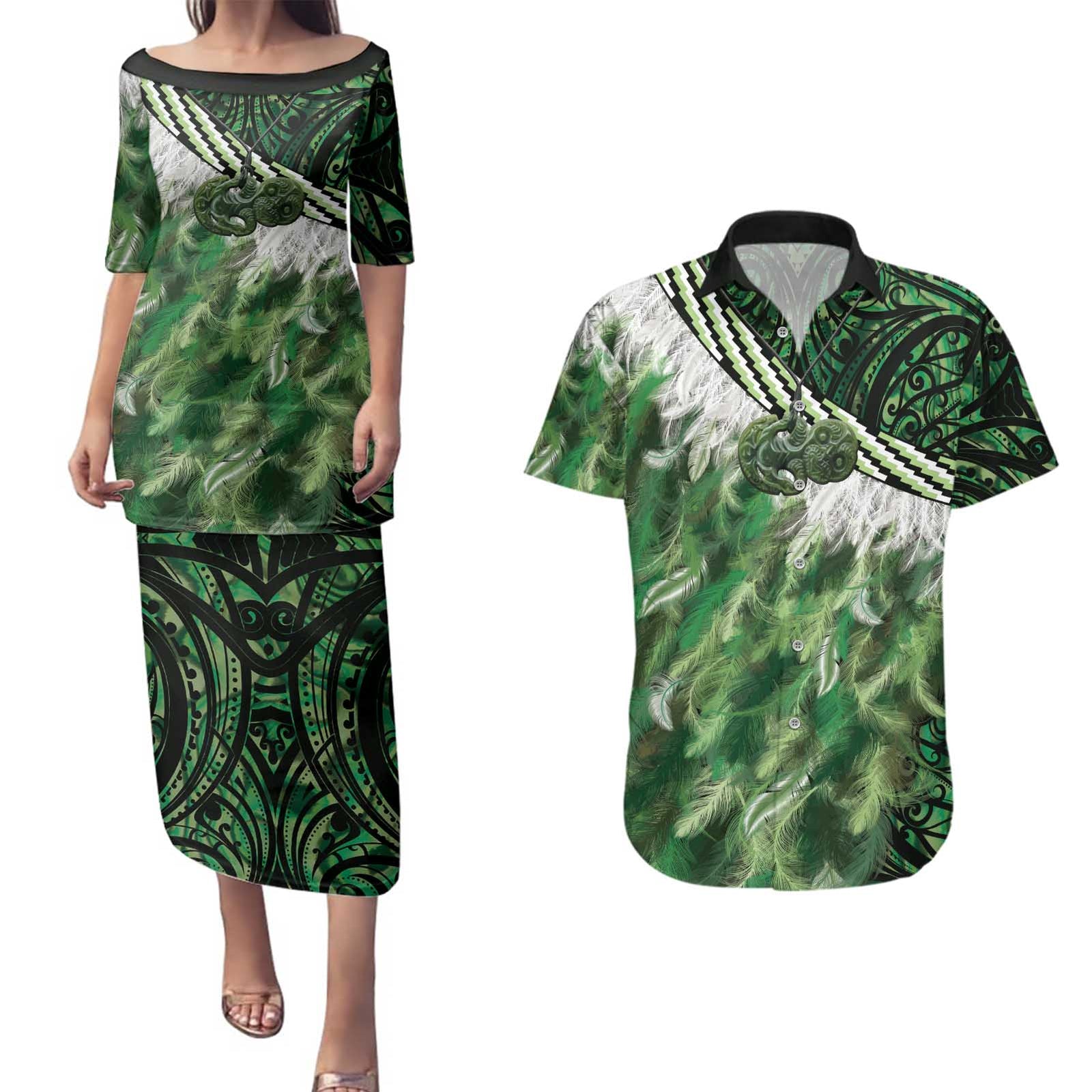 Green Traditional Cloak Aotearoa Couples Matching Puletasi and Hawaiian Shirt Maori Paua Shell Korowai Pattern