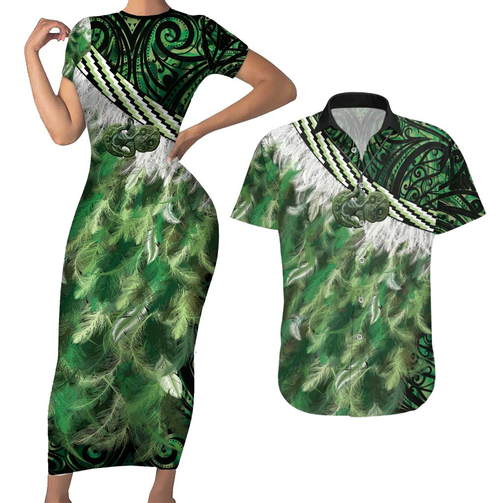 Green Traditional Cloak Aotearoa Couples Matching Short Sleeve Bodycon Dress and Hawaiian Shirt Maori Paua Shell Korowai Pattern