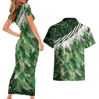 Green Traditional Cloak Aotearoa Couples Matching Short Sleeve Bodycon Dress and Hawaiian Shirt Maori Paua Shell Korowai Pattern