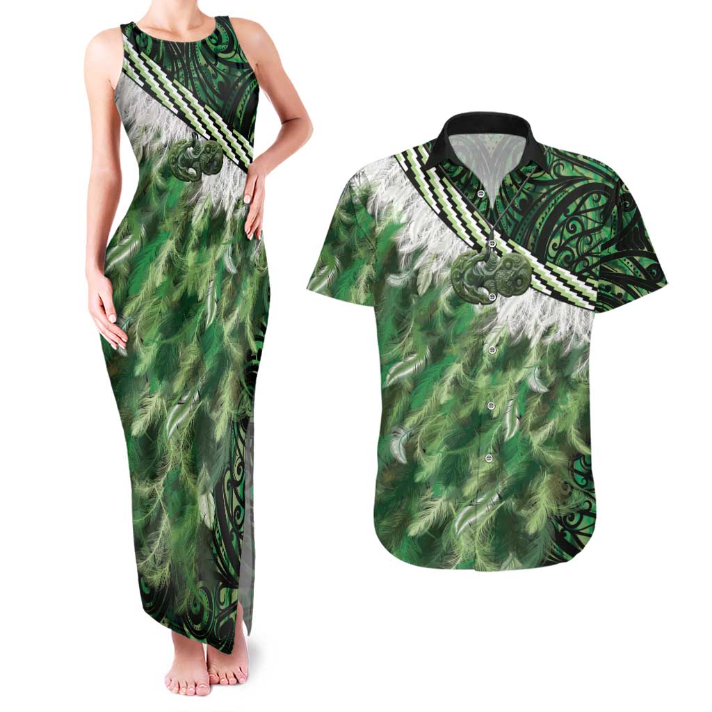 Green Traditional Cloak Aotearoa Couples Matching Tank Maxi Dress and Hawaiian Shirt Maori Paua Shell Korowai Pattern