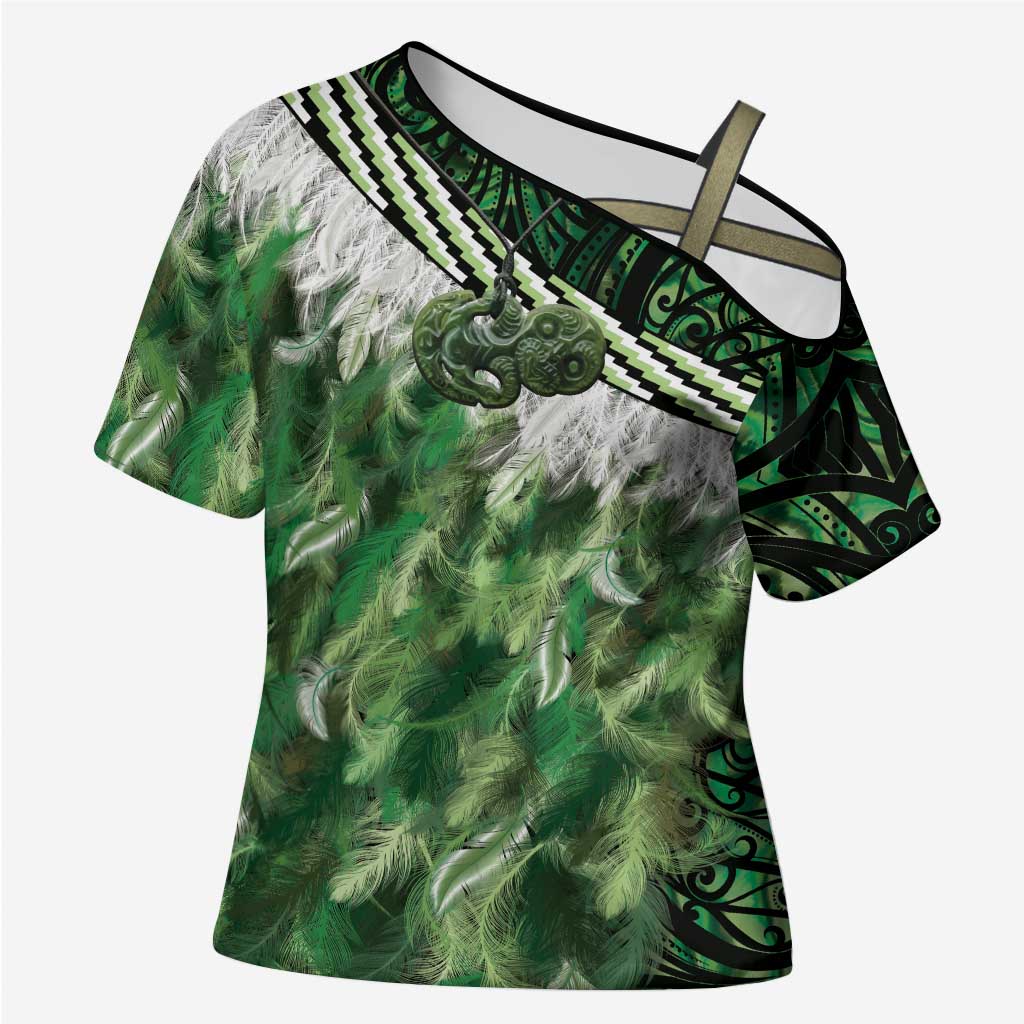 Green Traditional Cloak Aotearoa Cross Shoulder Shirt Maori Paua Shell Korowai Pattern - Polynesian Pride