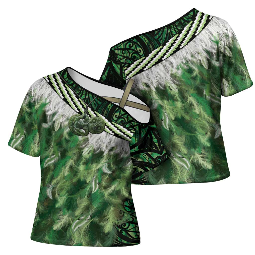 Green Traditional Cloak Aotearoa Cross Shoulder Shirt Maori Paua Shell Korowai Pattern - Polynesian Pride