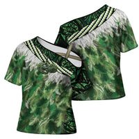 Green Traditional Cloak Aotearoa Cross Shoulder Shirt Maori Paua Shell Korowai Pattern - Polynesian Pride
