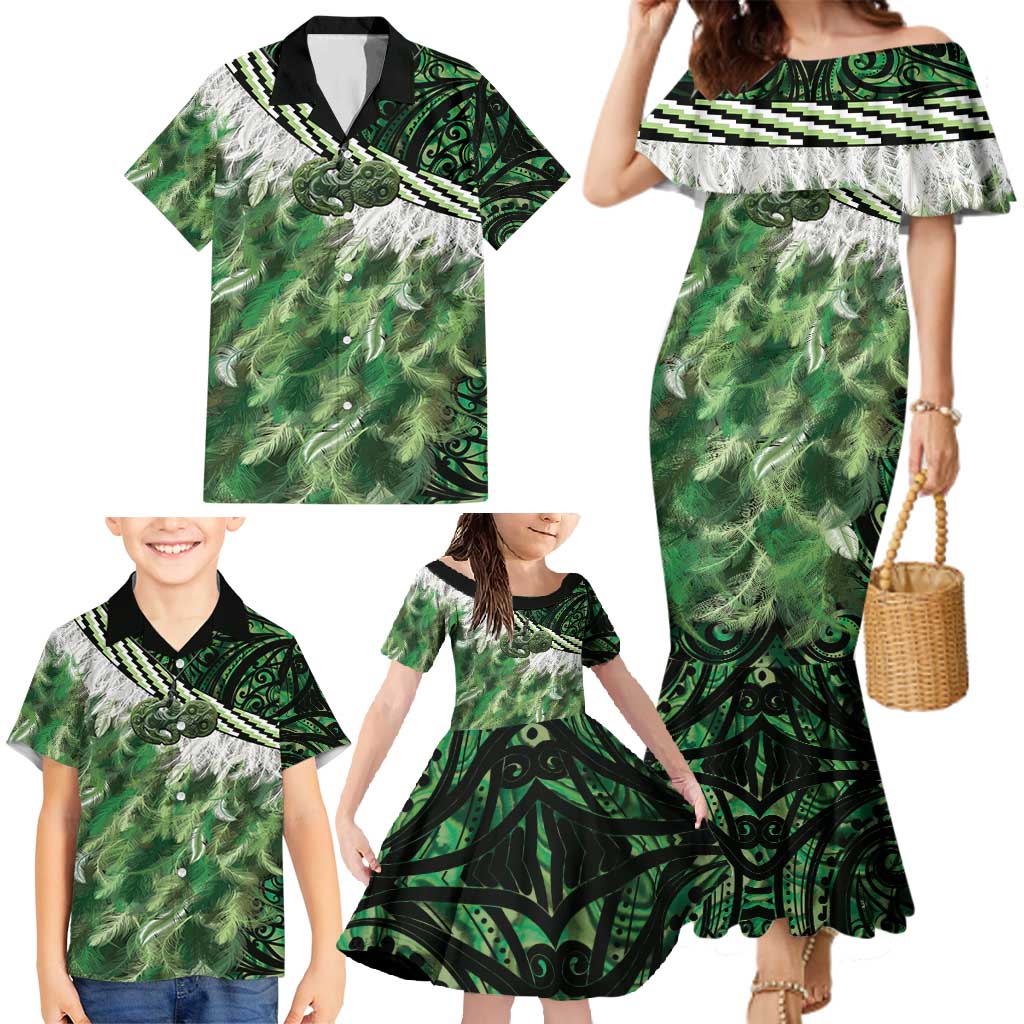 Green Traditional Cloak Aotearoa Family Matching Mermaid Dress and Hawaiian Shirt Maori Paua Shell Korowai Pattern