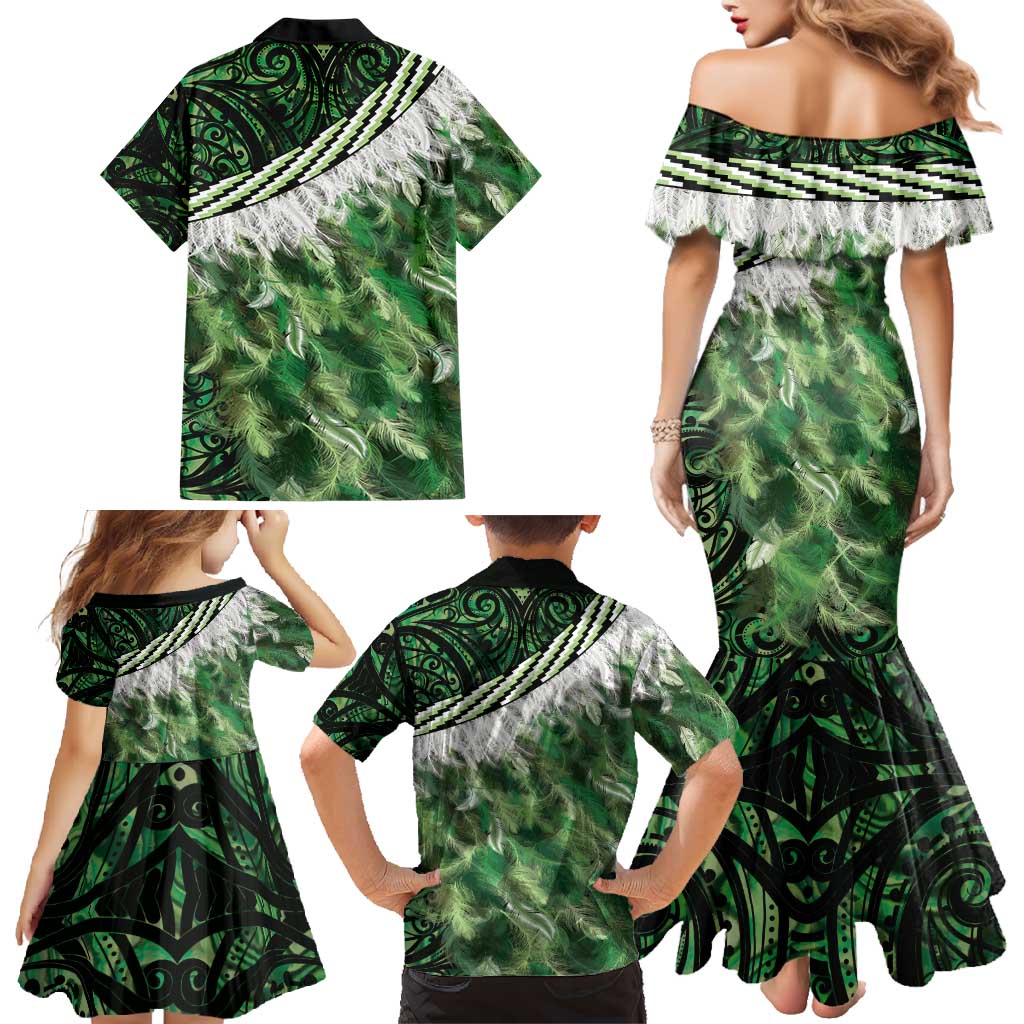 Green Traditional Cloak Aotearoa Family Matching Mermaid Dress and Hawaiian Shirt Maori Paua Shell Korowai Pattern