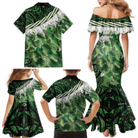 Green Traditional Cloak Aotearoa Family Matching Mermaid Dress and Hawaiian Shirt Maori Paua Shell Korowai Pattern