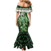 Green Traditional Cloak Aotearoa Family Matching Mermaid Dress and Hawaiian Shirt Maori Paua Shell Korowai Pattern