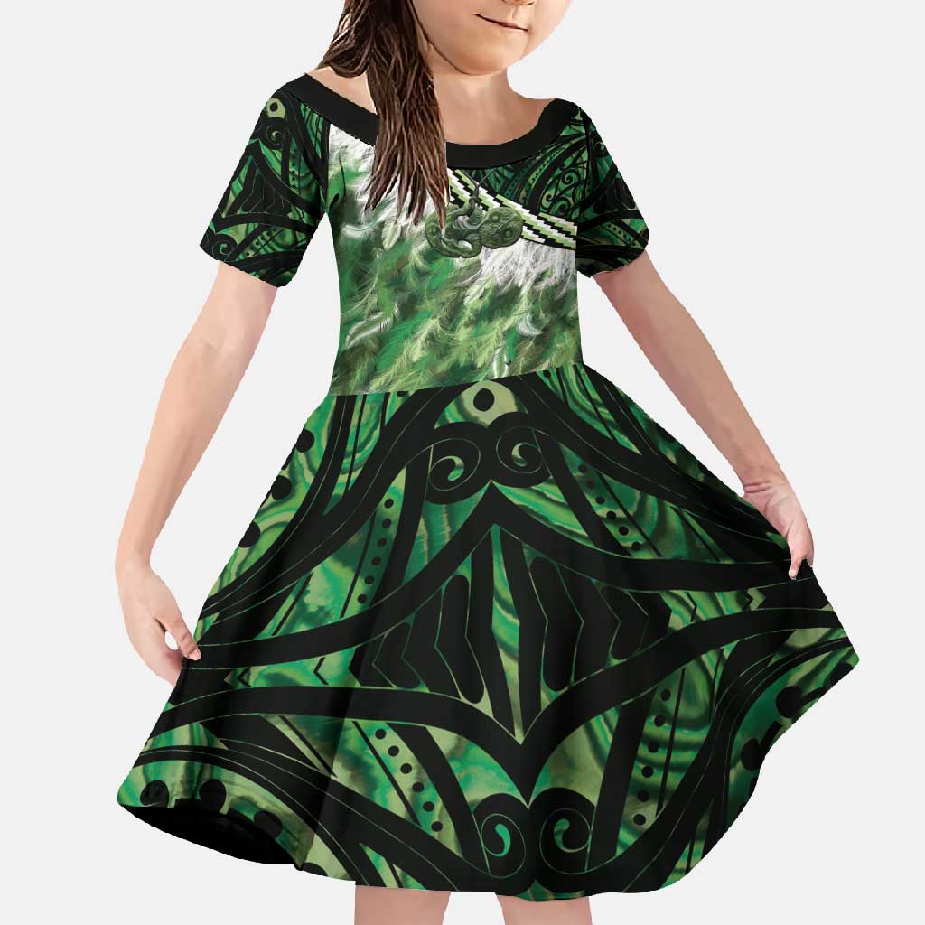 Green Traditional Cloak Aotearoa Family Matching Off Shoulder Maxi Dress and Hawaiian Shirt Maori Paua Shell Korowai Pattern