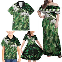 Green Traditional Cloak Aotearoa Family Matching Off Shoulder Maxi Dress and Hawaiian Shirt Maori Paua Shell Korowai Pattern
