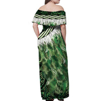 Green Traditional Cloak Aotearoa Family Matching Off Shoulder Maxi Dress and Hawaiian Shirt Maori Paua Shell Korowai Pattern