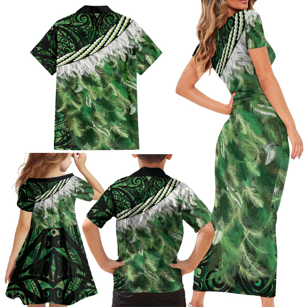 Green Traditional Cloak Aotearoa Family Matching Short Sleeve Bodycon Dress and Hawaiian Shirt Maori Paua Shell Korowai Pattern