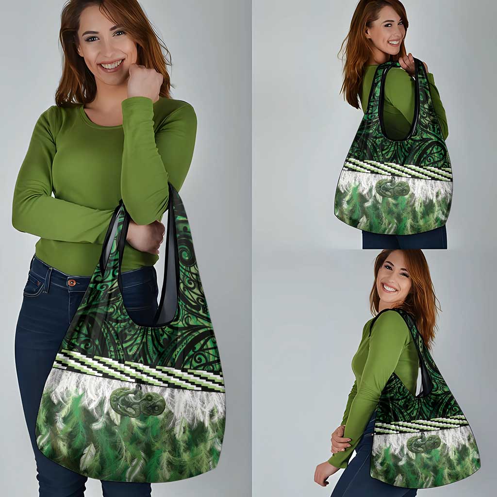 Green Traditional Cloak Aotearoa Grocery Bag Maori Paua Shell Korowai Pattern