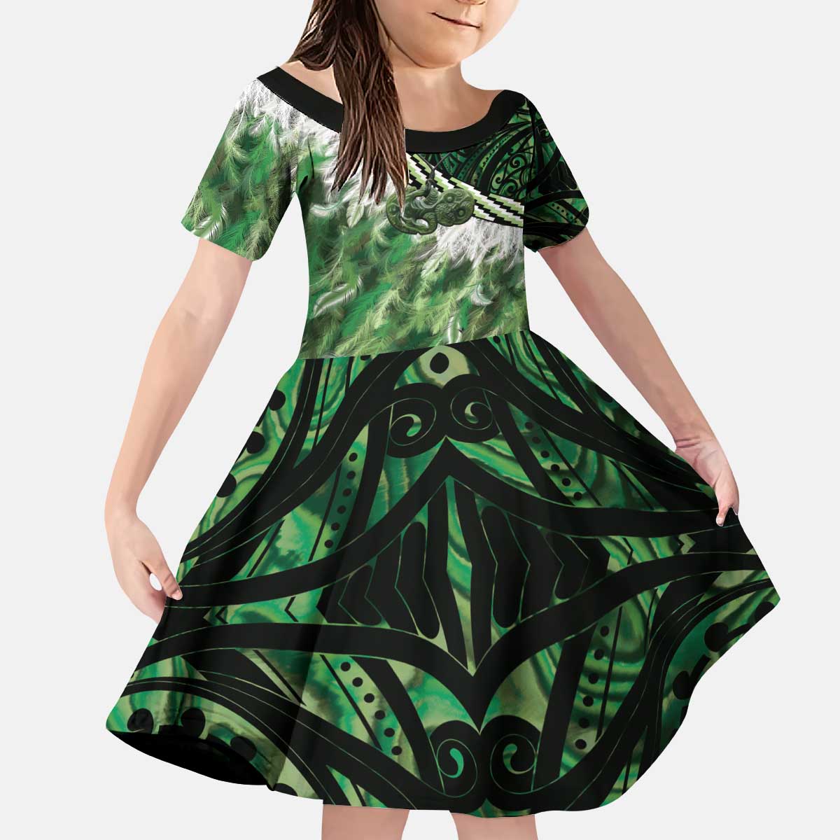 Green Traditional Cloak Aotearoa Kid Short Sleeve Dress Maori Paua Shell Korowai Pattern LT14 KID Green - Polynesian Pride
