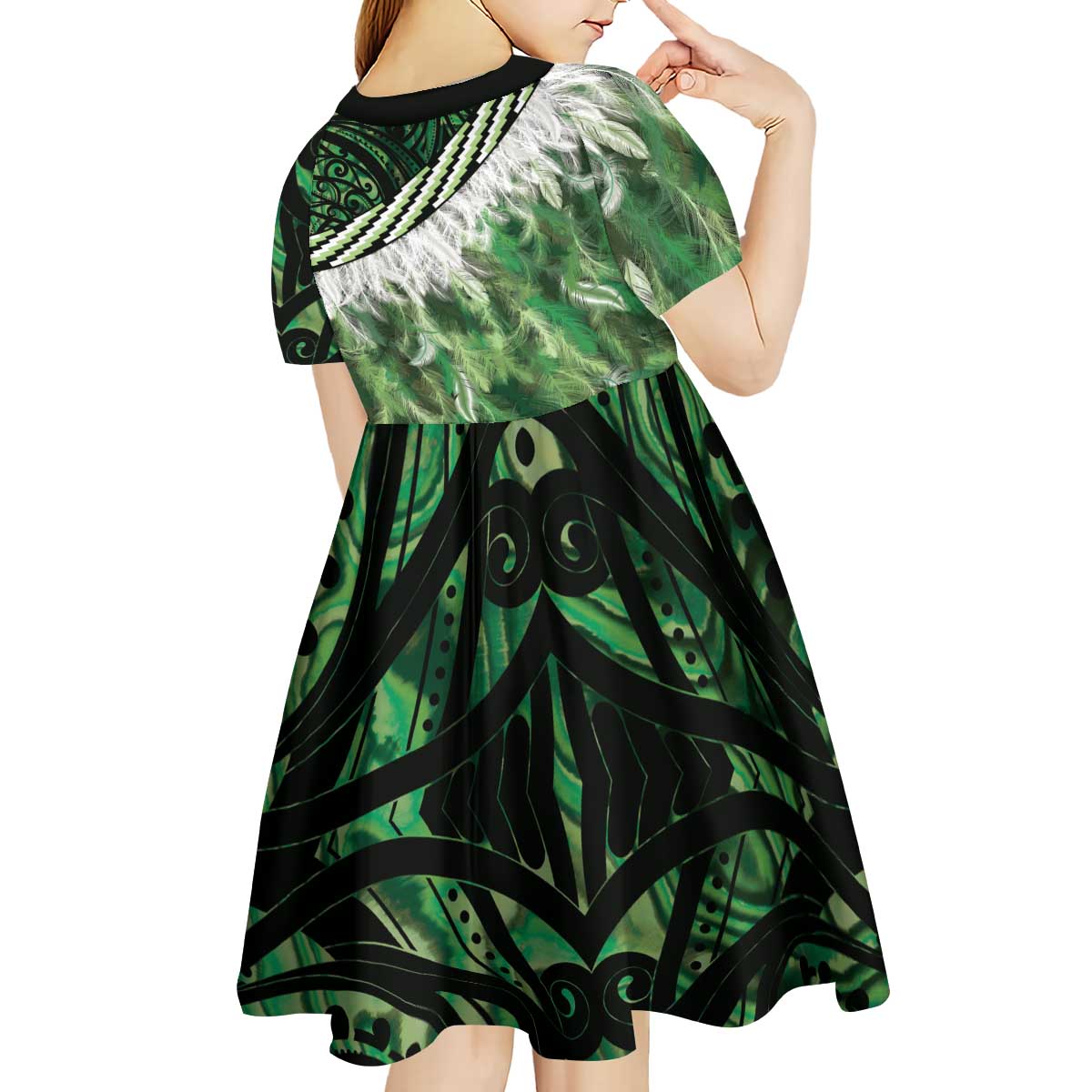 Green Traditional Cloak Aotearoa Kid Short Sleeve Dress Maori Paua Shell Korowai Pattern LT14 - Polynesian Pride