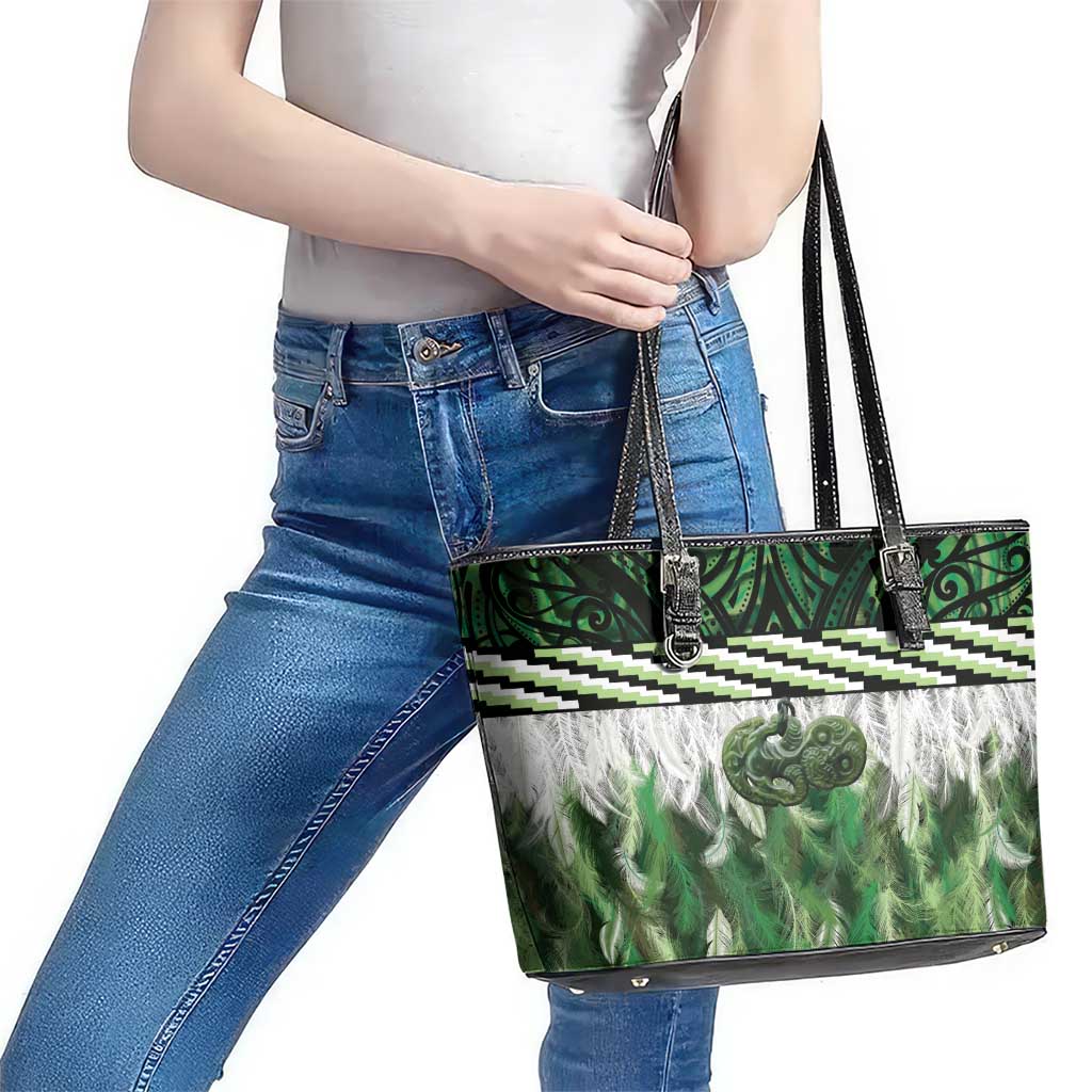 Green Traditional Cloak Aotearoa Leather Tote Bag Maori Paua Shell Korowai Pattern