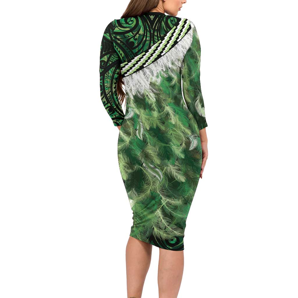 Green Traditional Cloak Aotearoa Long Sleeve Bodycon Dress Maori Paua Shell Korowai Pattern