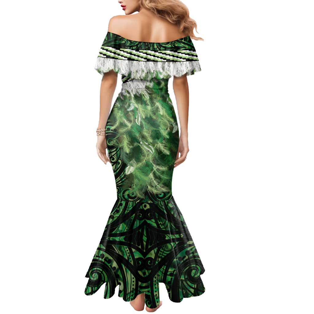 Green Traditional Cloak Aotearoa Mermaid Dress Maori Paua Shell Korowai Pattern
