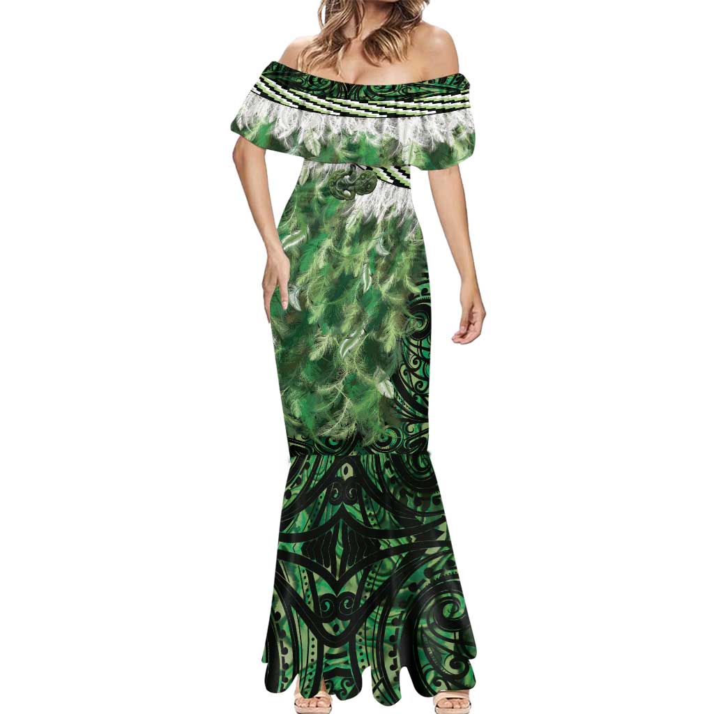 Green Traditional Cloak Aotearoa Mermaid Dress Maori Paua Shell Korowai Pattern