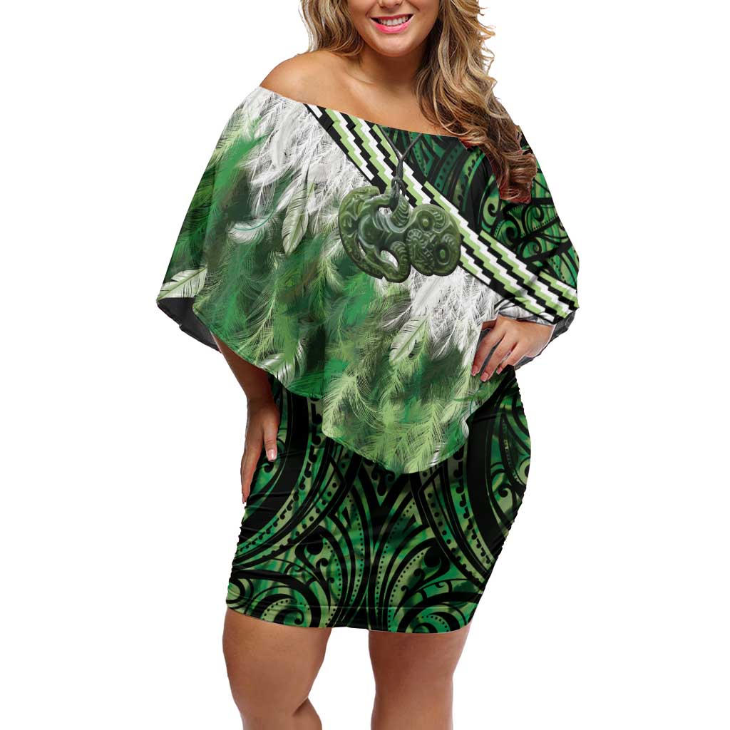 Green Traditional Cloak Aotearoa Off Shoulder Short Dress Maori Paua Shell Korowai Pattern