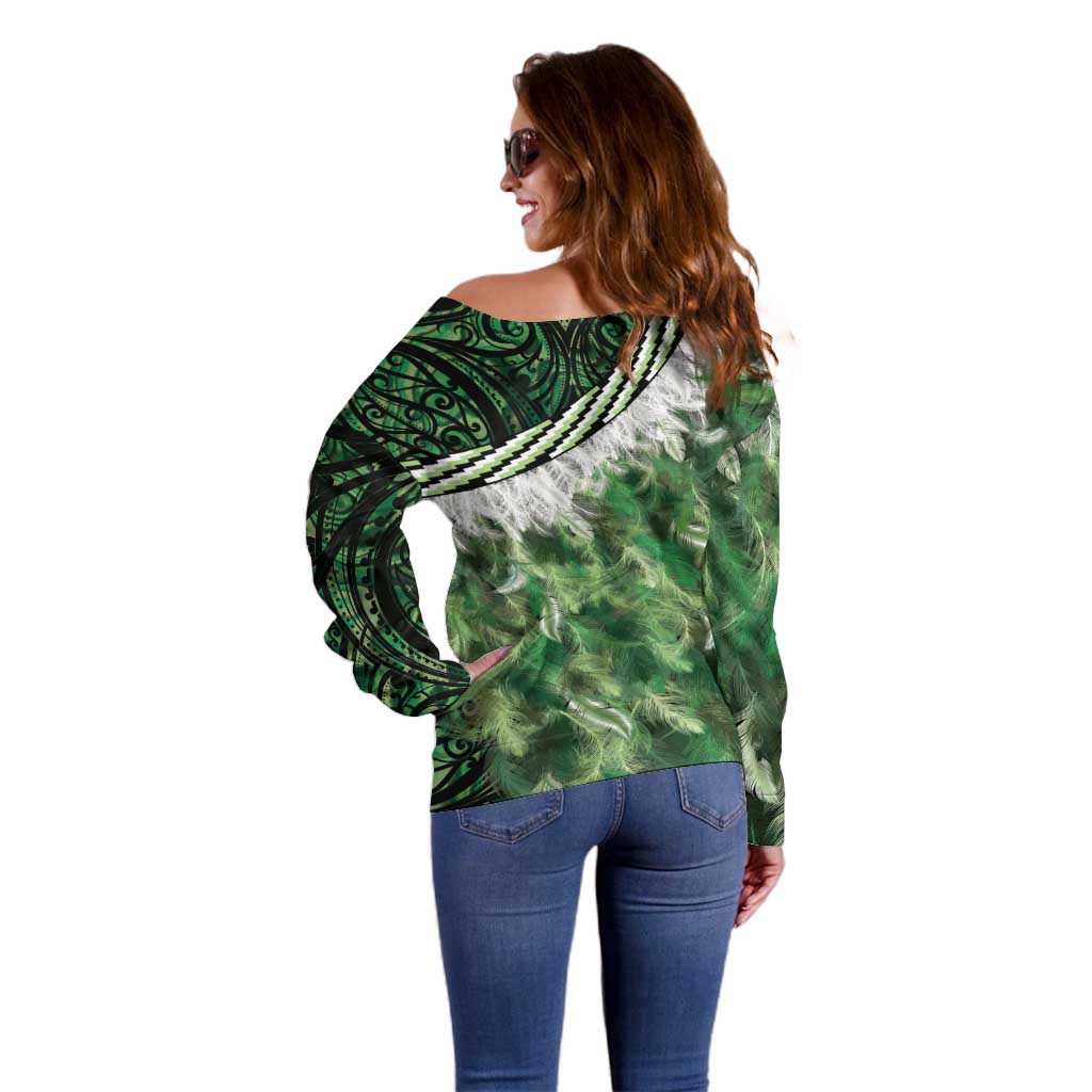 Green Traditional Cloak Aotearoa Off Shoulder Sweater Maori Paua Shell Korowai Pattern