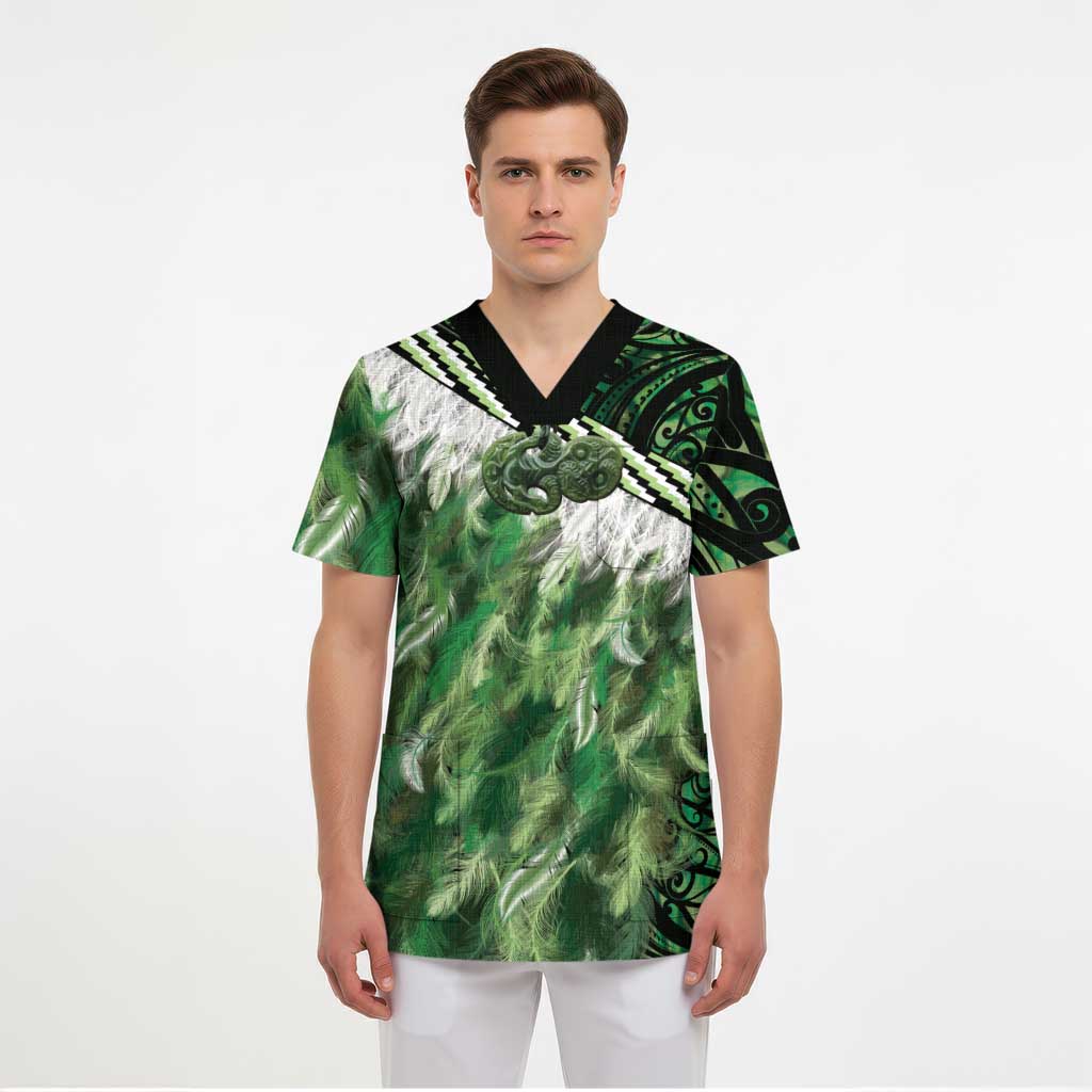 Green Traditional Cloak Aotearoa Scrub Top Maori Paua Shell Korowai Pattern - Polynesian Pride