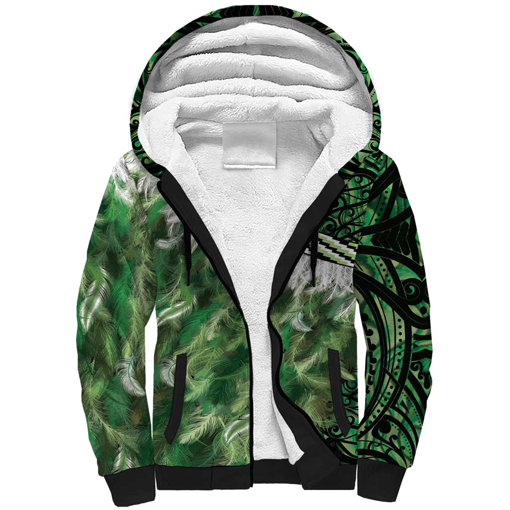 Green Traditional Cloak Aotearoa Sherpa Hoodie Maori Paua Shell Korowai Pattern