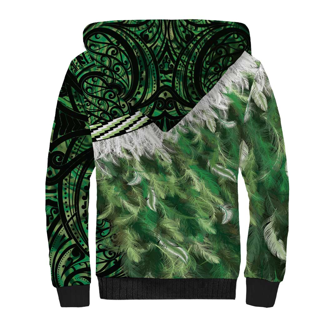 Green Traditional Cloak Aotearoa Sherpa Hoodie Maori Paua Shell Korowai Pattern