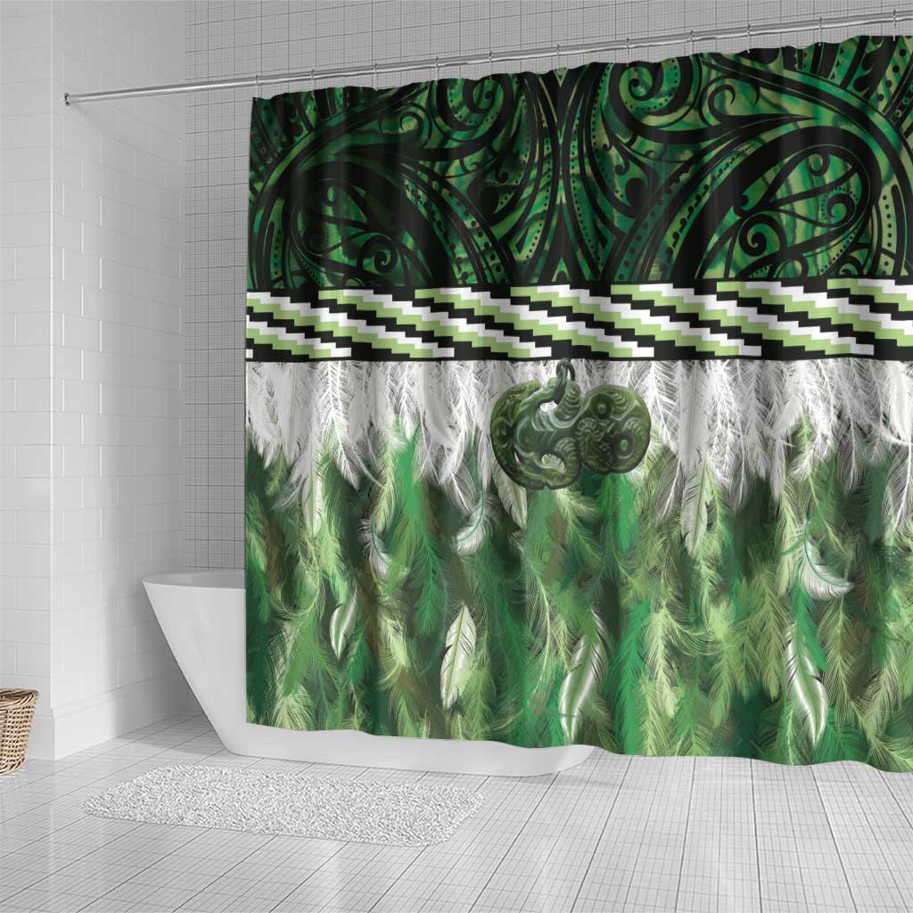 Green Traditional Cloak Aotearoa Shower Curtain Maori Paua Shell Korowai Pattern