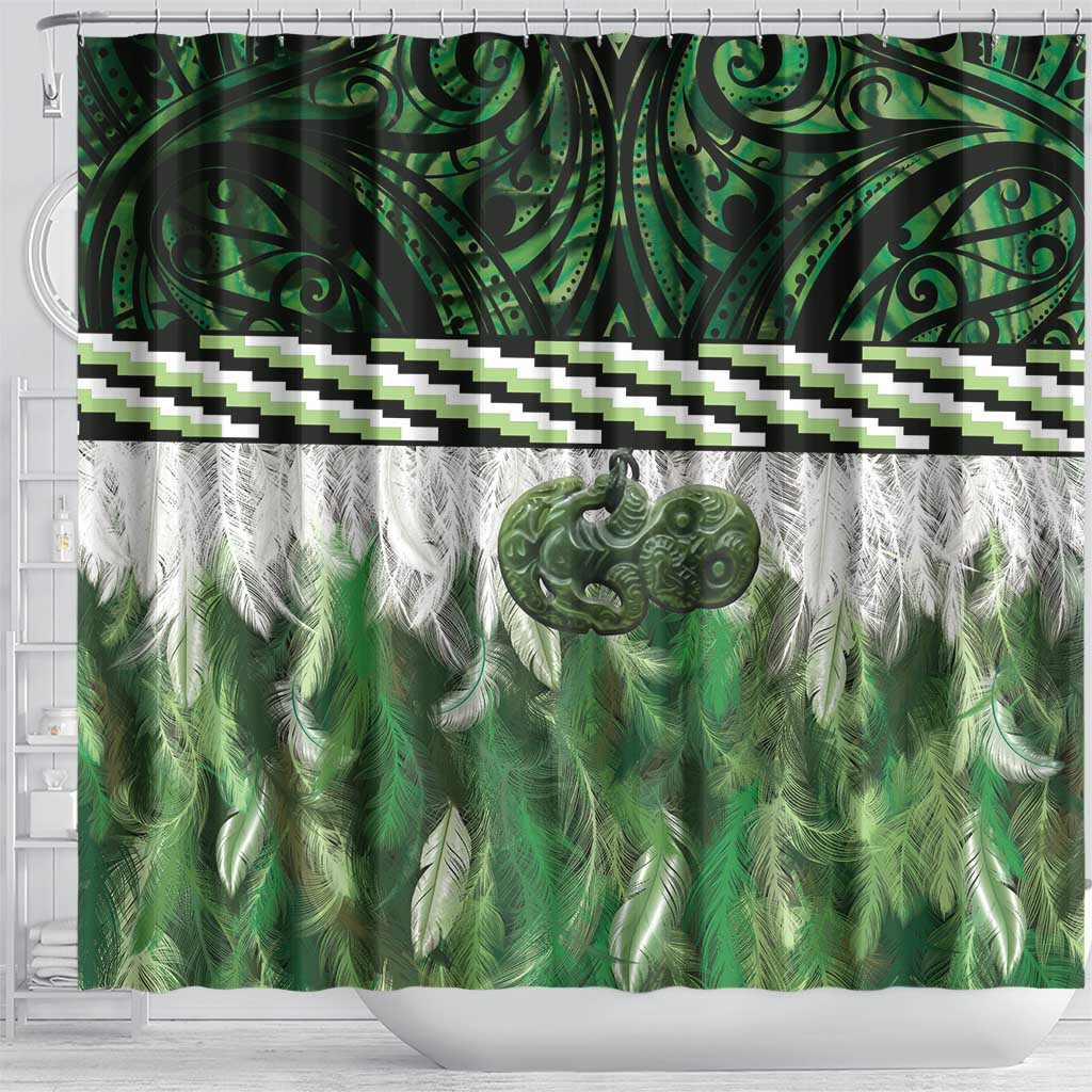 Green Traditional Cloak Aotearoa Shower Curtain Maori Paua Shell Korowai Pattern