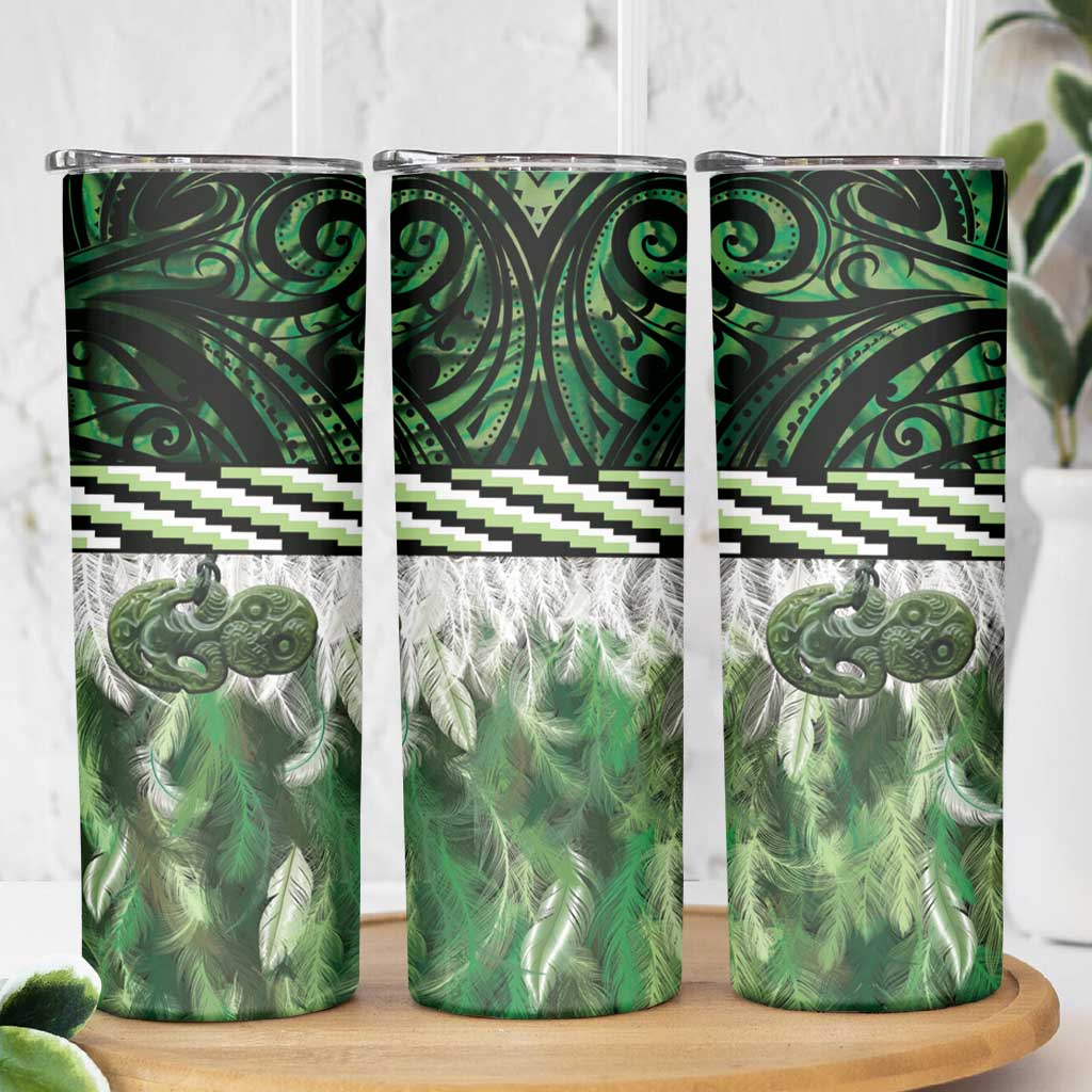 Green Traditional Cloak Aotearoa Skinny Tumbler Maori Paua Shell Korowai Pattern