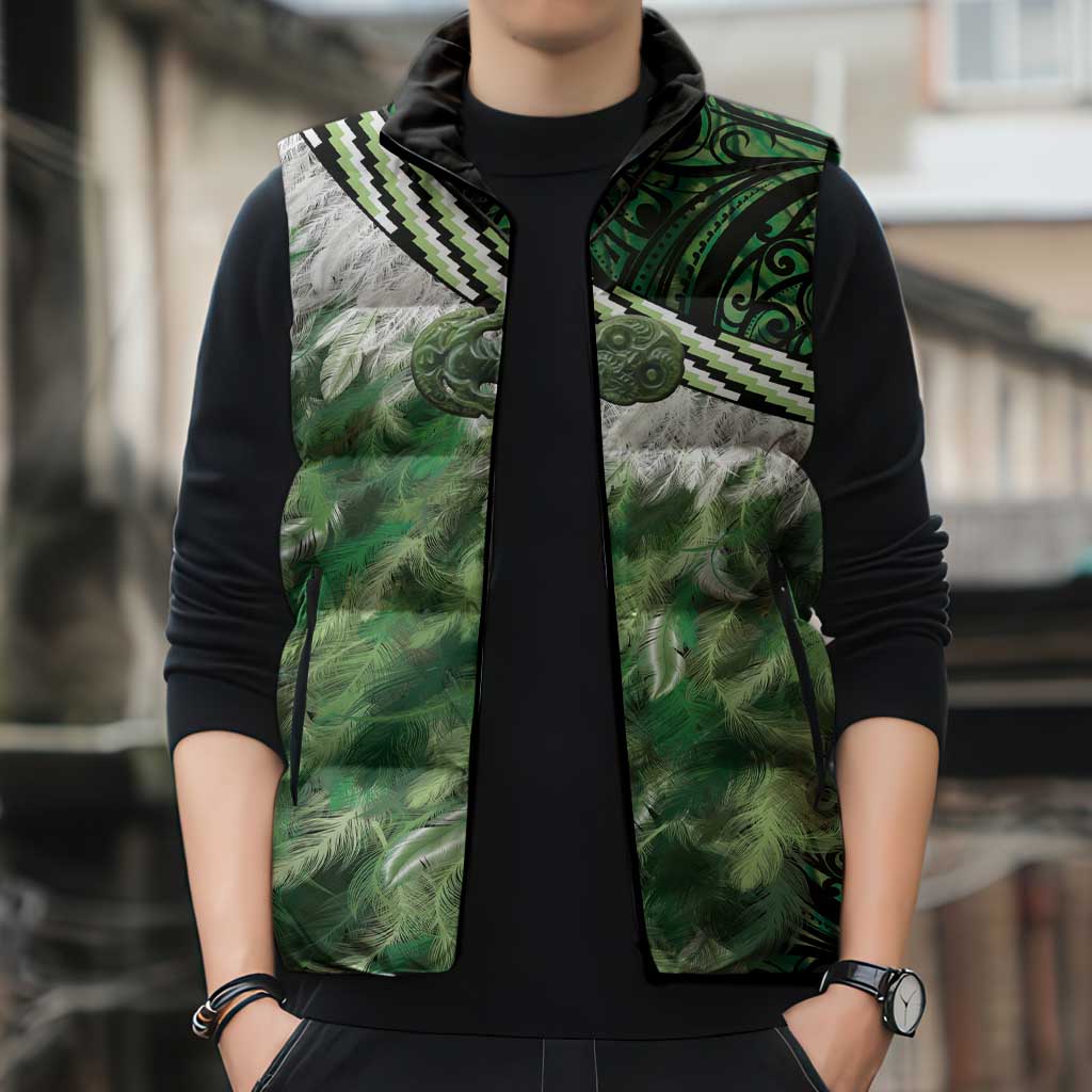 Green Traditional Cloak Aotearoa Sleeveless Puffer Jacket Maori Paua Shell Korowai Pattern - Polynesian Pride