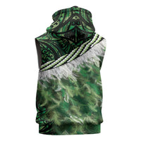 Green Traditional Cloak Aotearoa Sleeveless Zip Hoodie Maori Paua Shell Korowai Pattern - Polynesian Pride