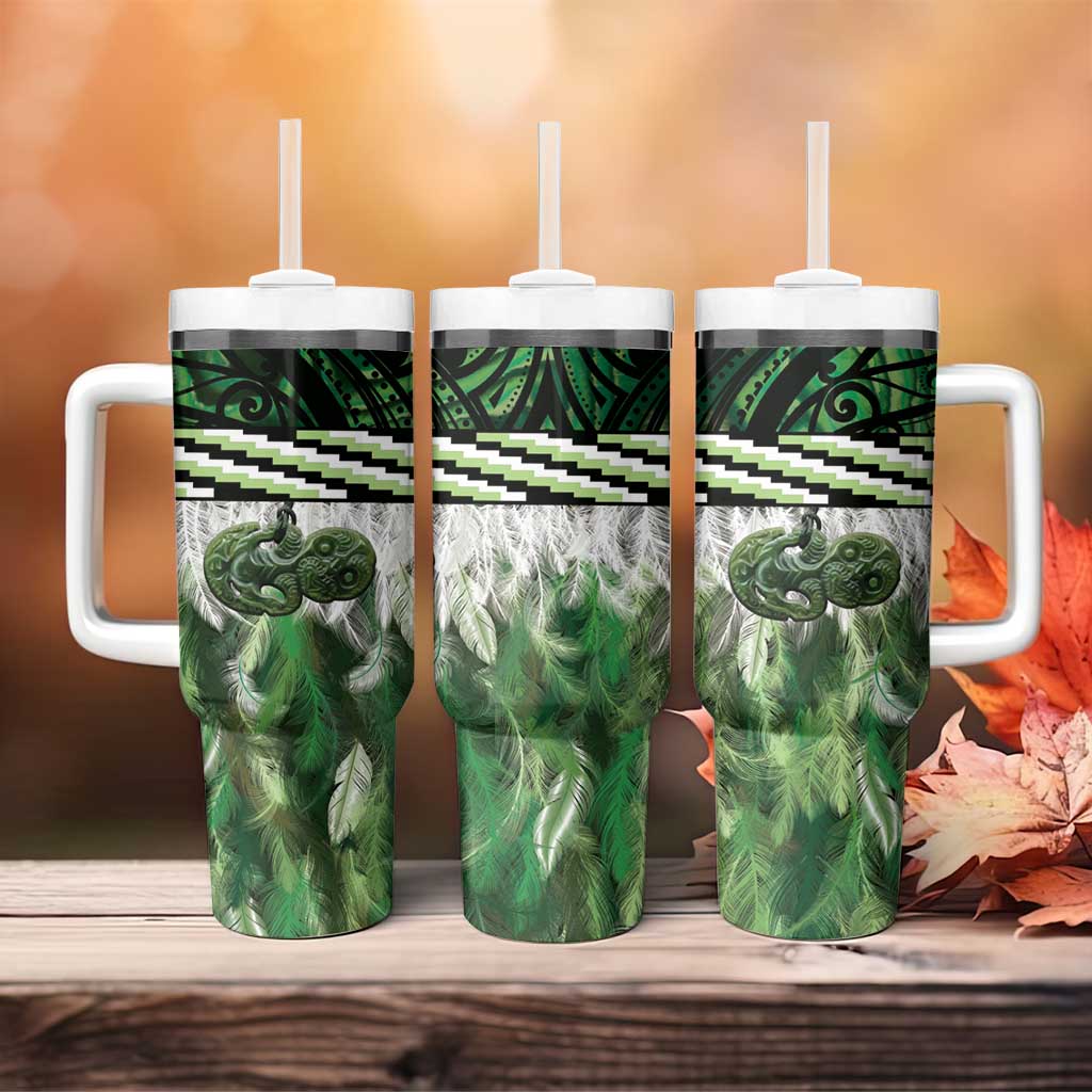 Green Traditional Cloak Aotearoa Tumbler With Handle Maori Paua Shell Korowai Pattern