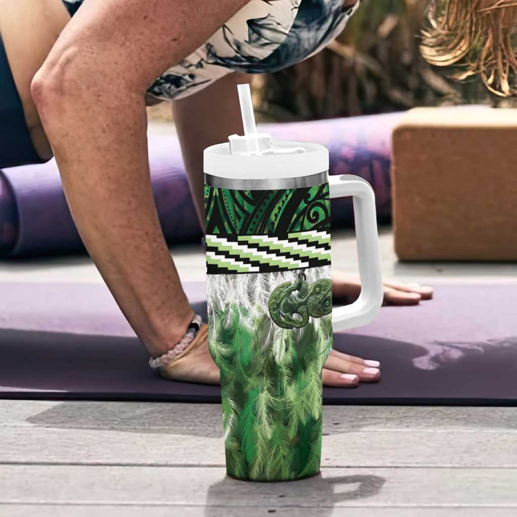 Green Traditional Cloak Aotearoa Tumbler With Handle Maori Paua Shell Korowai Pattern
