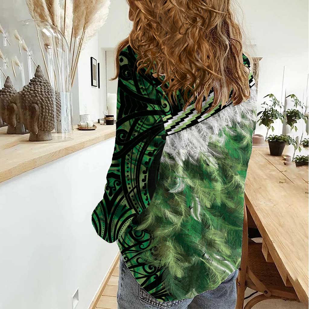 Green Traditional Cloak Aotearoa Women Casual Shirt Maori Paua Shell Korowai Pattern