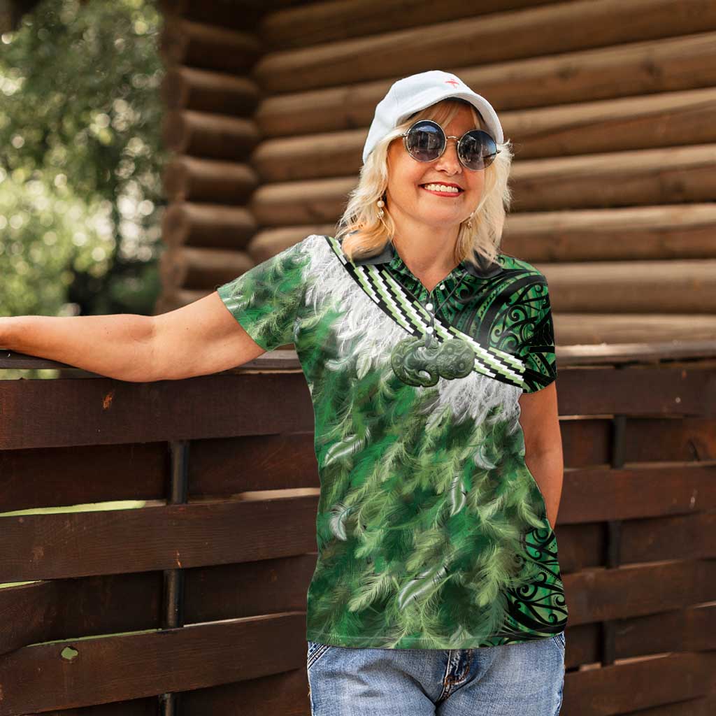 Green Traditional Cloak Aotearoa Women Polo Shirt Maori Paua Shell Korowai Pattern